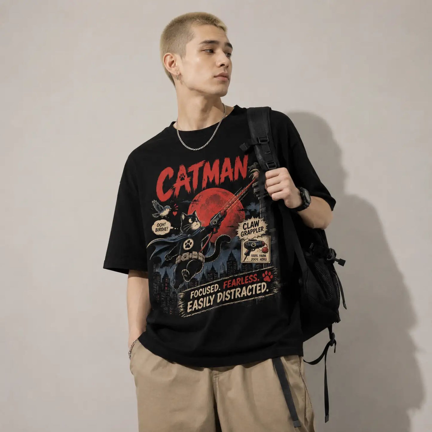 Catman Claw Grappler T-Shirt – Focused Fearless Easily Distracted Cat Hero