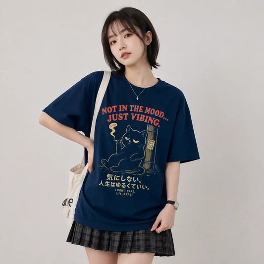 Not in the Mood Just Vibing Japanese Black Cat T-Shirt