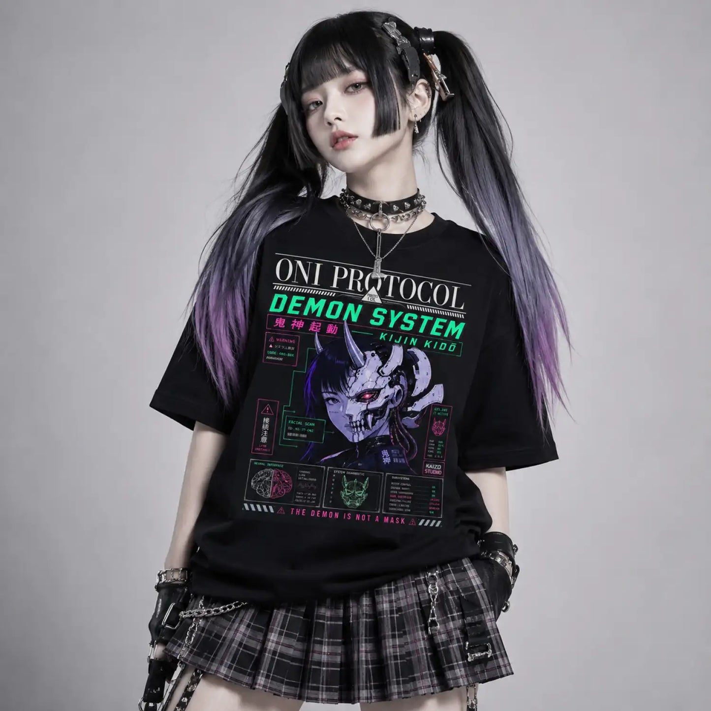 Oni Protocol Demon System Japanese Cyberpunk T-Shirt