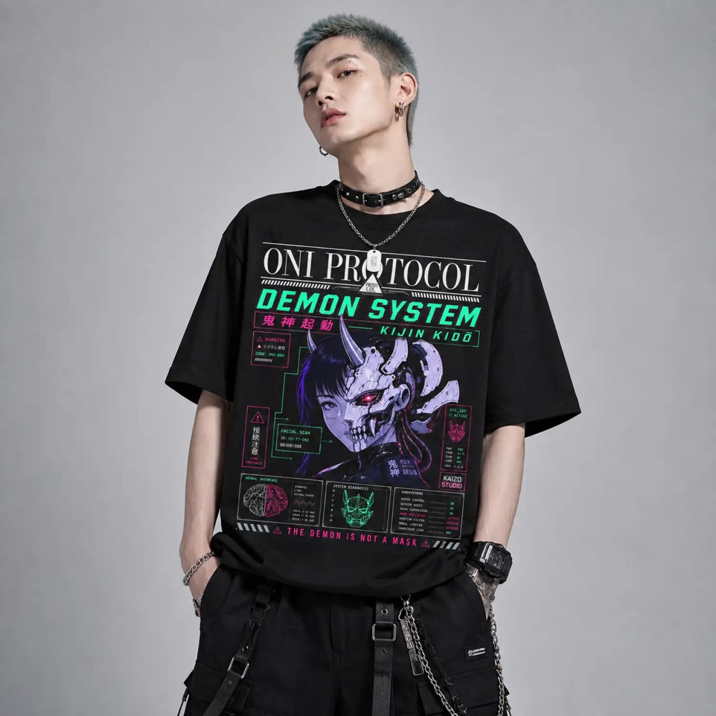 Oni Protocol Demon System Japanese Cyberpunk T-Shirt