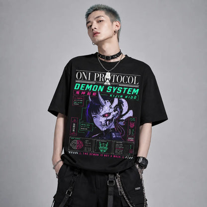 Oni Protocol Demon System Japanese Cyberpunk T-Shirt