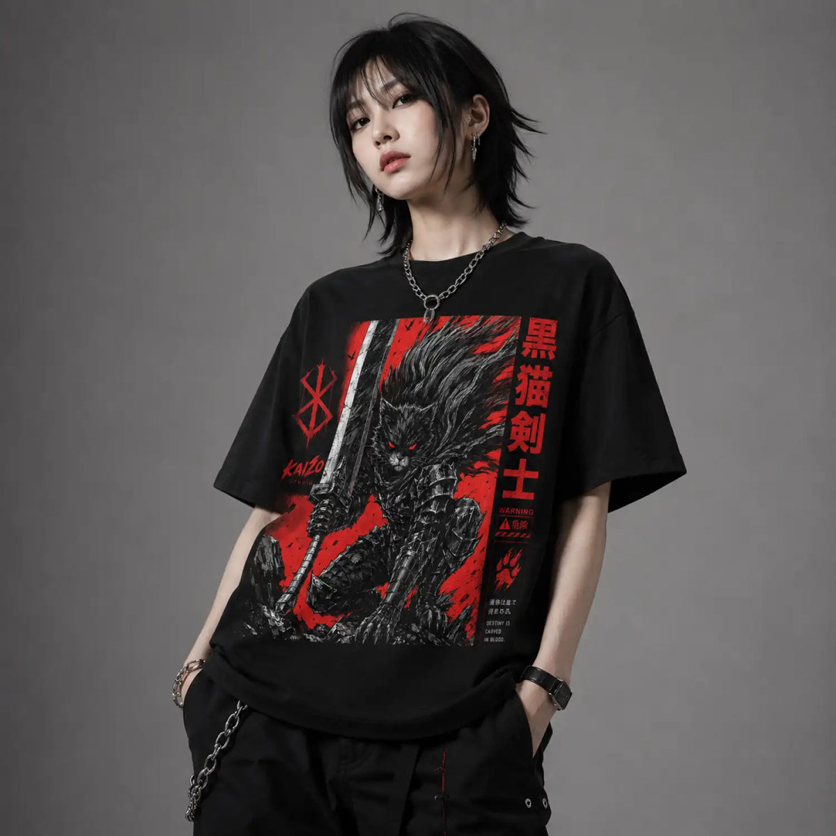 Black Cat Swordsman Japanese Dark Fantasy T-Shirt