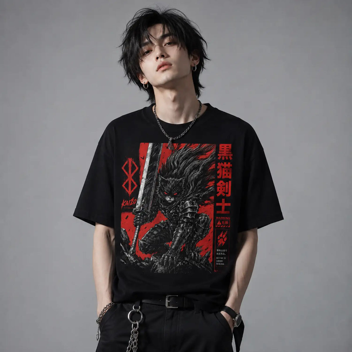 Black Cat Swordsman Japanese Dark Fantasy T-Shirt