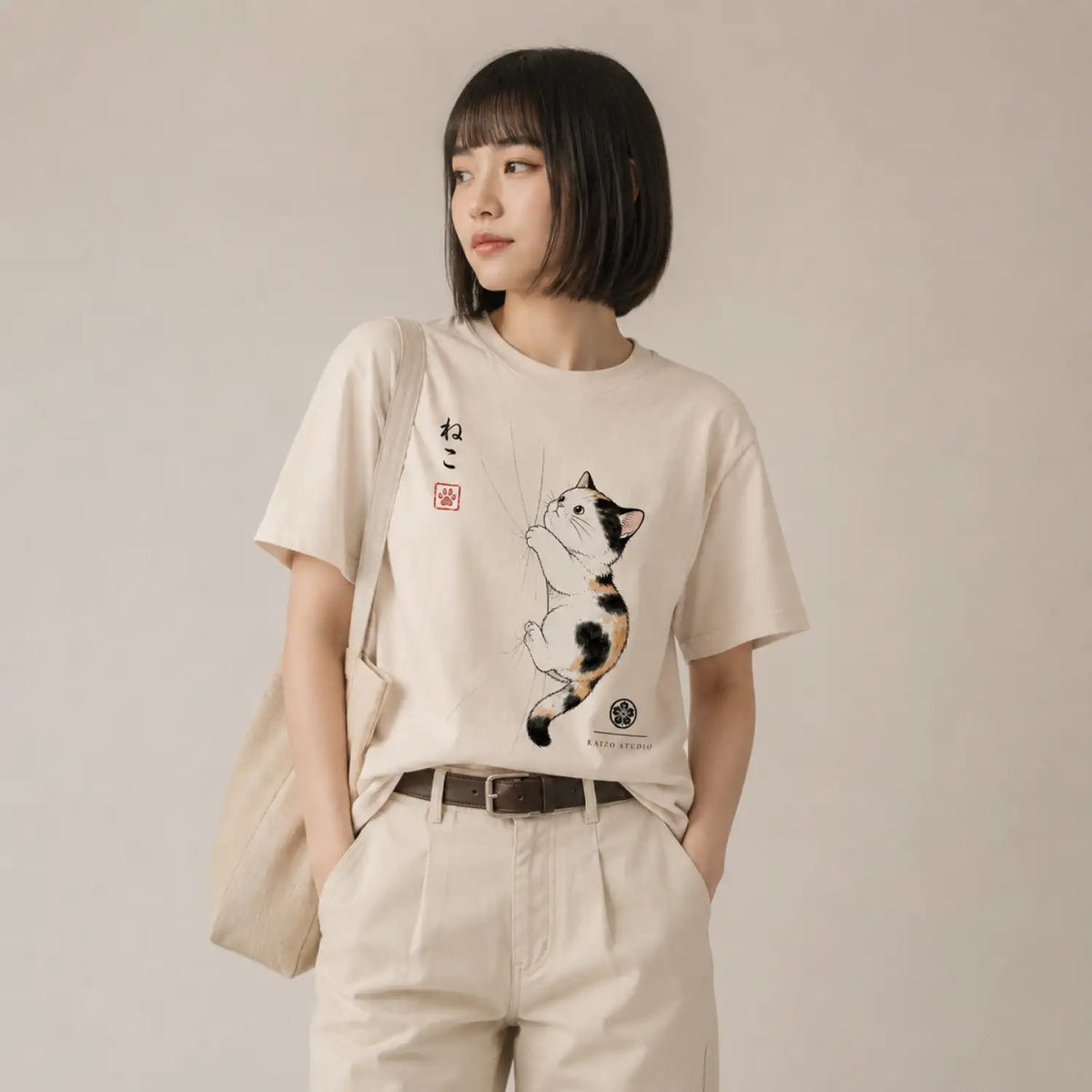 Climbing Calico Cat Japanese T-Shirt