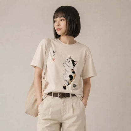 Climbing Calico Cat Japanese T-Shirt