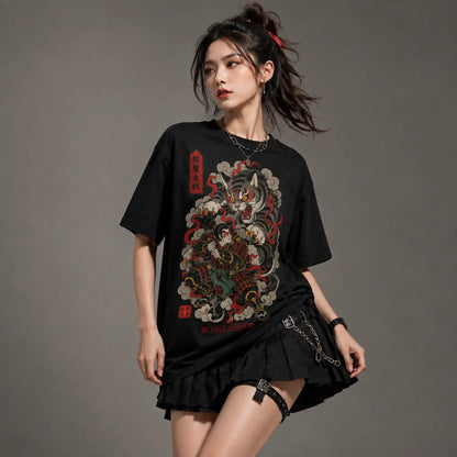 Samurai vs Demon Cat Japanese Battle T-Shirt