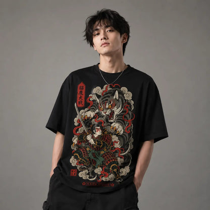 Samurai vs Demon Cat Japanese Battle T-Shirt