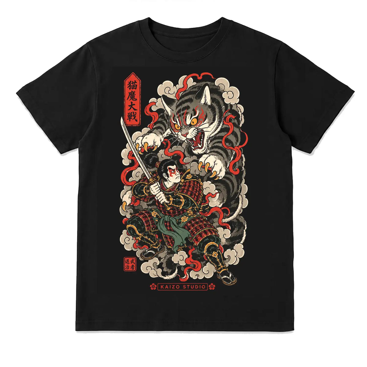 Samurai vs Demon Cat Japanese Battle T-Shirt