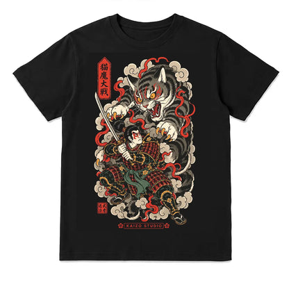 Samurai vs Demon Cat Japanese Battle T-Shirt